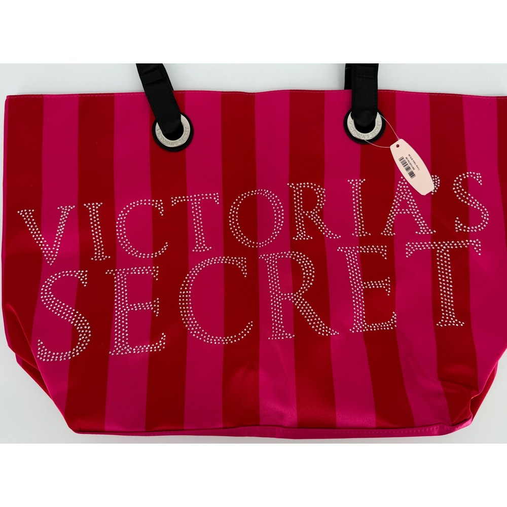 NWT Victorias Secret Pink Red Stripe Rhinestone Logo Tote Bag Y2K inspired - Picture 9 of 13
